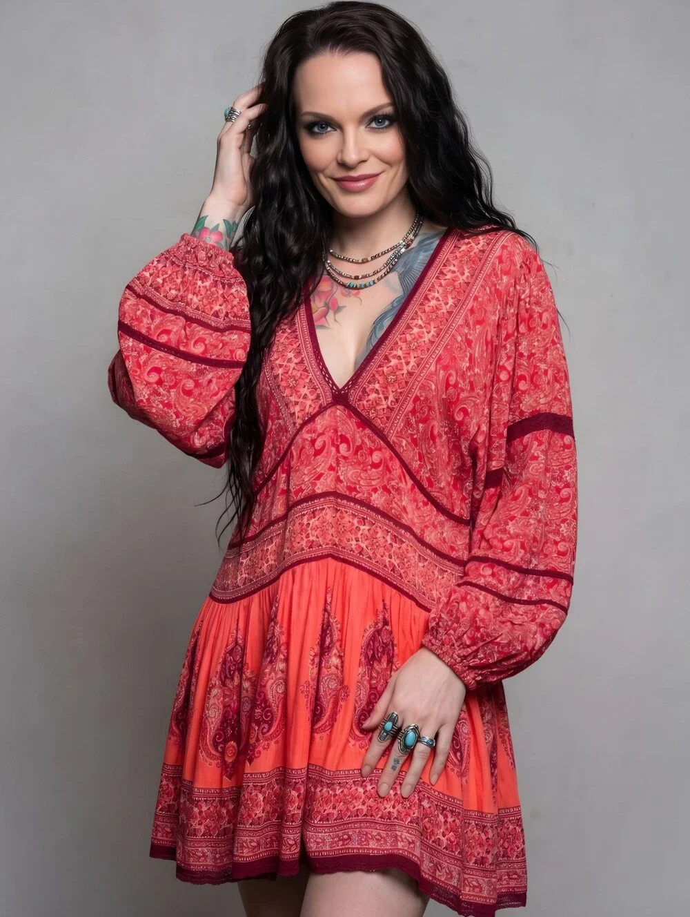 Free People ✦ Paisley Babydoll Tunic Dress ✦ Red Orange Oversized Boho Festival - Picture 1 of 13
